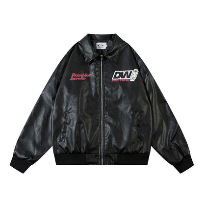 Retro Car Printing Loose Lapels Leather Coat For Both Men And Women Black MuddyStock