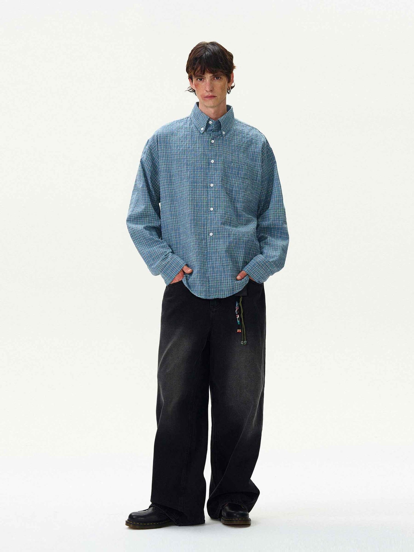 American Style Vintage Plaid Pleated Shirt For Men null