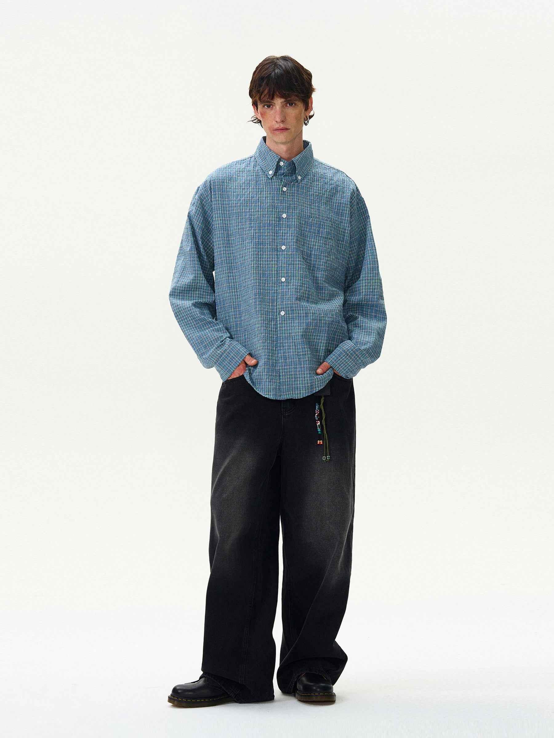 American Style Vintage Plaid Pleated Shirt For Men null