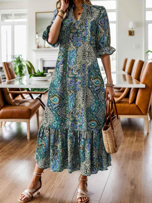 Women's Clothing Printed V-neck Plus Size Dress Cyan