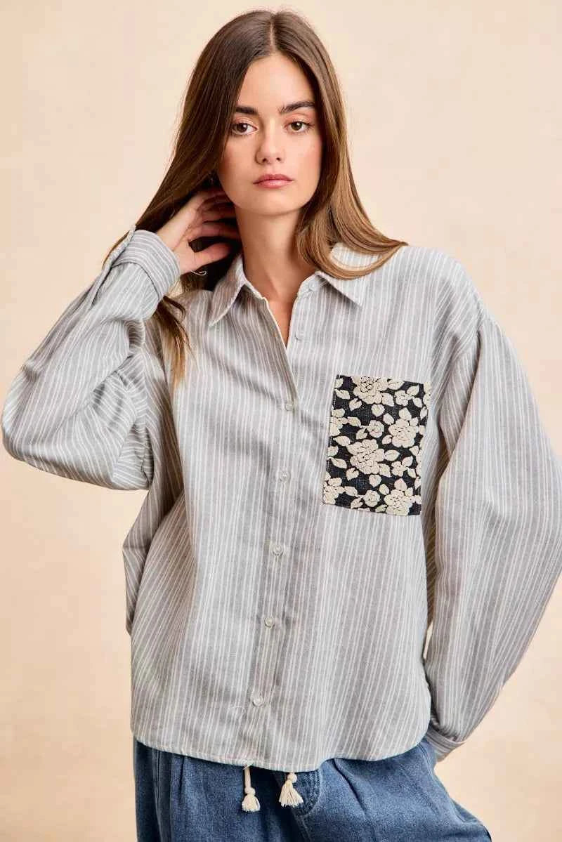 Flower Jacquard Knit Patch Pocket Stripe Shirt For Women Trendsi