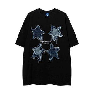 Vintage Patch Five-pointed Star Short Pomelo T Shirt For Men And Women Black