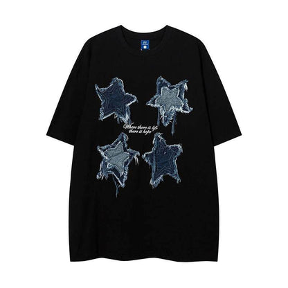 Vintage Patch Five-pointed Star Short Pomelo T Shirt For Men And Women Black MuddyStock