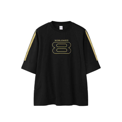 Stitching Sports Embroidery T-shirt American Style Loose Short Sleeve Reactive Black MuddyStock
