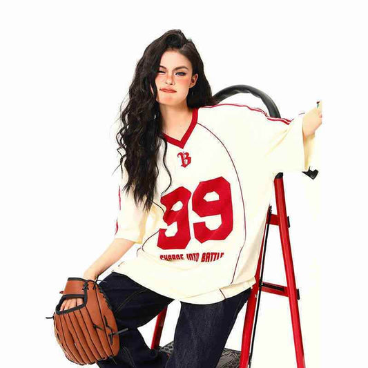 Retro V-neck Jersey Sports Style Short Sleeve T-shirt For Women MuddyStock