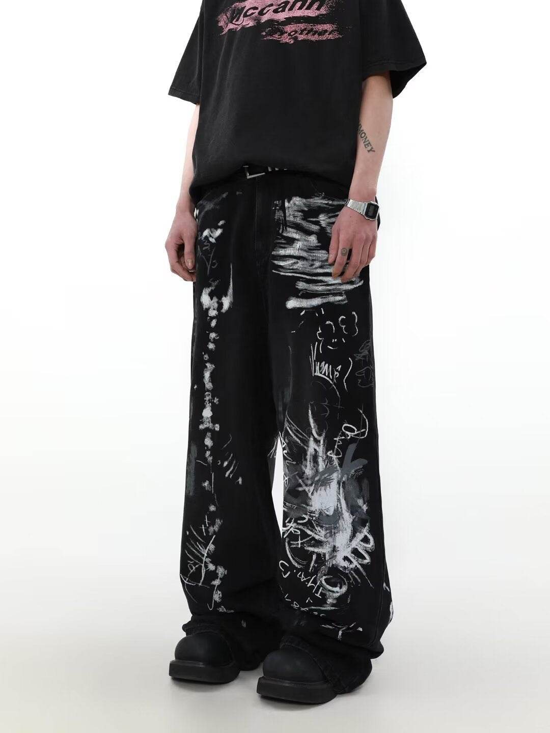 Washed Distressed Loose Jeans For Men Black MuddyStock