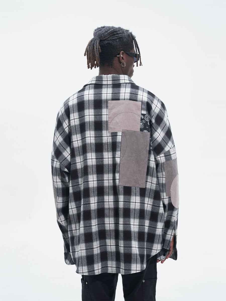 Street Hip Hop Fabric Patchwork Plaid Loose Casual Long Sleeve Shirt For Men null