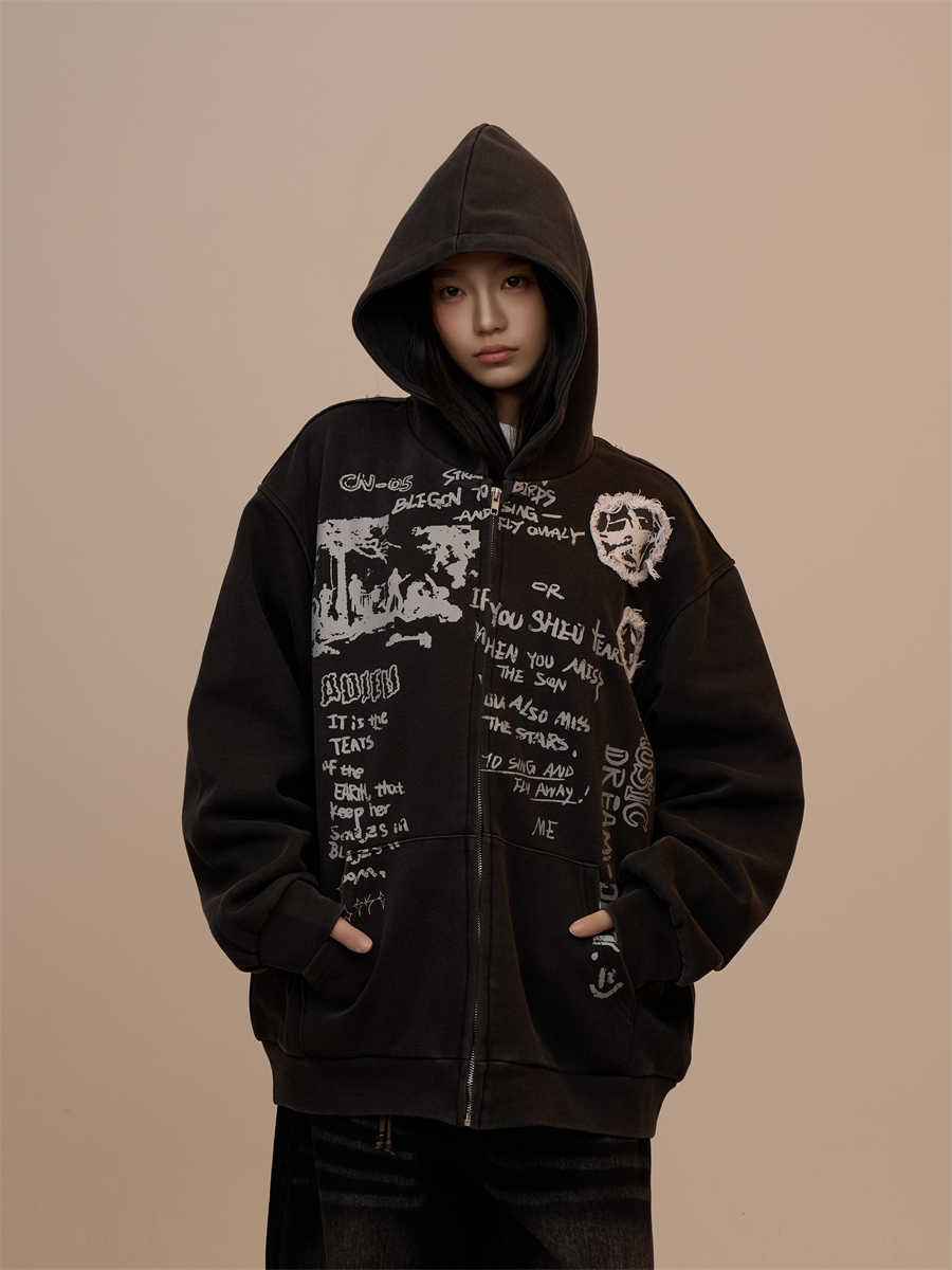 Women's Letter Printed Black Hoodie MuddyStock
