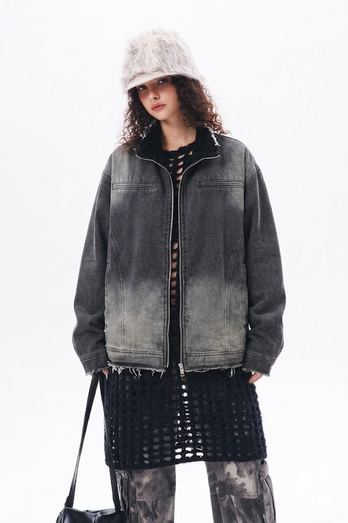 Washing Gradient Frayed Hem Denim Jacket For Women MuddyStock null