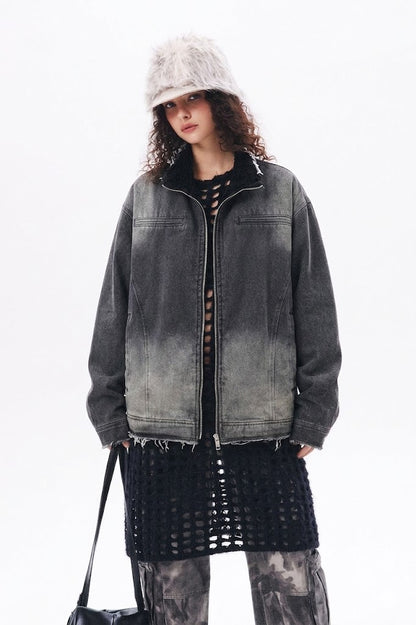 Washing Gradient Frayed Hem Denim Jacket For Women MuddyStock null