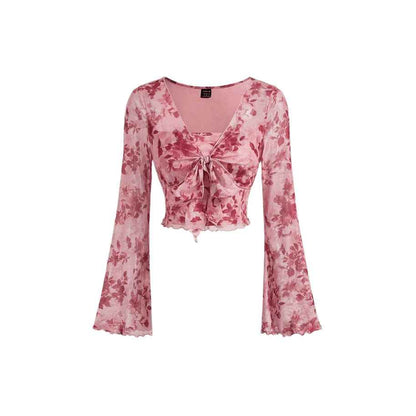 V-neck Lace Up Printed Long Sleeve Slim Women Top MuddyStock