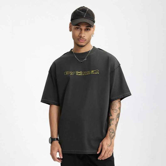 Worn Washed Embroidered T-shirt For Men MuddyStock