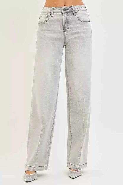 RISEN Slouchy Baggy Jeans with Contrast Stitching For Women LIGHT GREY Trendsi