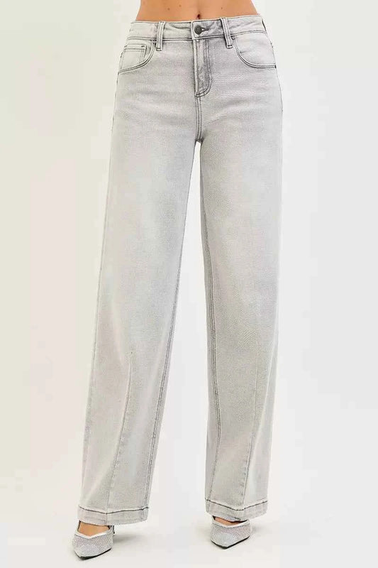 RISEN Slouchy Baggy Jeans with Contrast Stitching For Women LIGHT GREY Trendsi