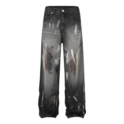 Retro Washed Distressed Graffiti Stitching Jeans Wide-leg Straight Trousers Black MuddyStock