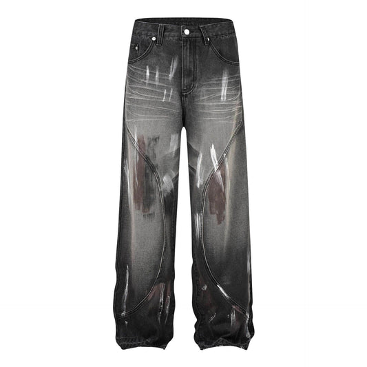 Retro Washed Distressed Graffiti Stitching Jeans Wide-leg Straight Trousers MuddyStock