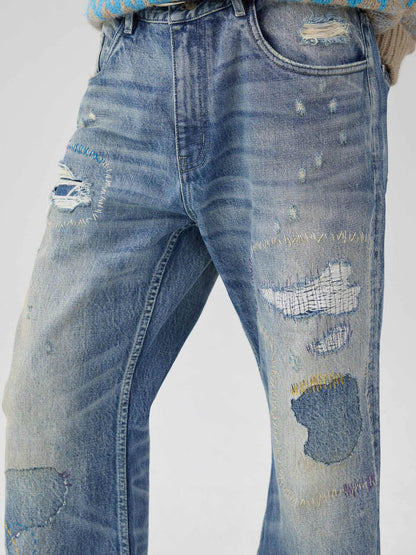 Washed Blue Patch Color Wire-track Flared Jeans For Men And Women MuddyStock