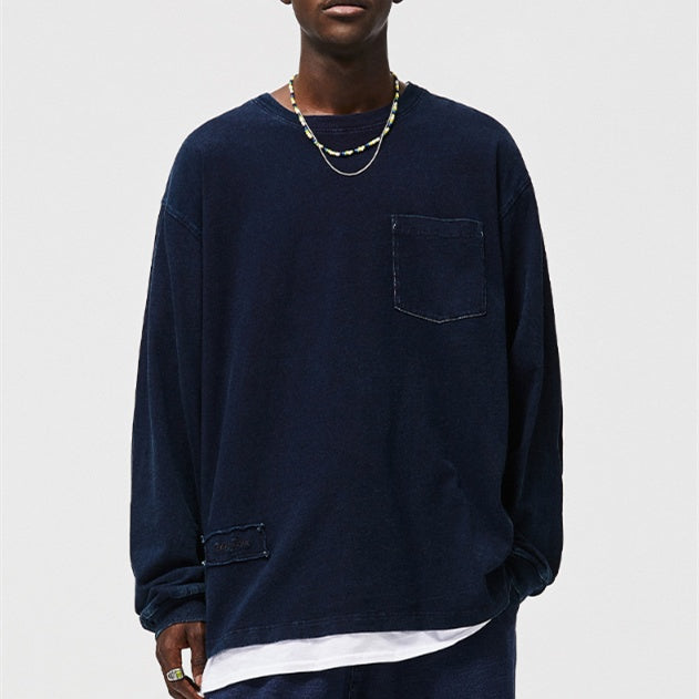 Men's Blue Dyed Knitted Denim Long Sleeve T-shirt MuddyStock null