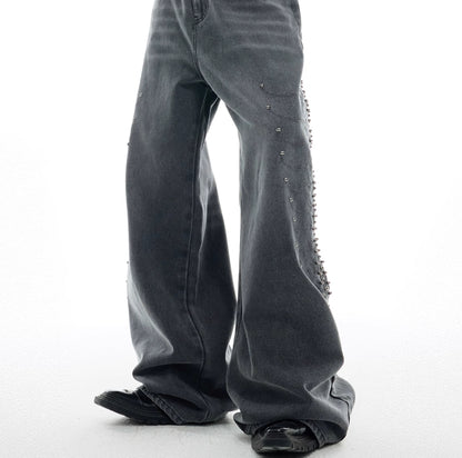 Niche Retro Washed Backbone Rivet Design Jeans For Men