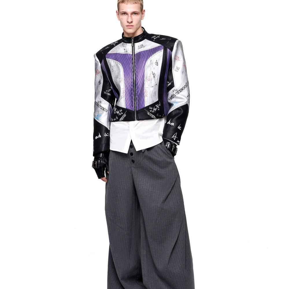 Short Stand-up Collar Graffiti Leather Jacket For Men null