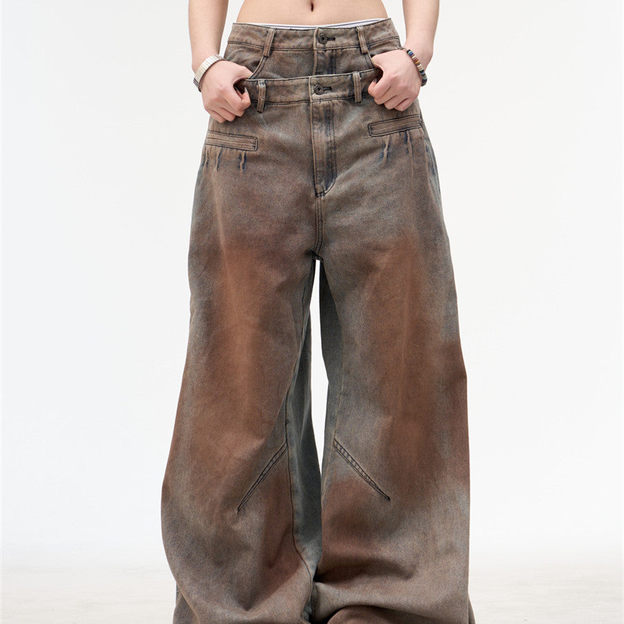 Women's American Retro Washed Double Waisted Jeans Washed Blue