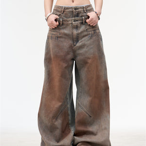 Women's American Retro Washed Double Waisted Jeans Washed Blue