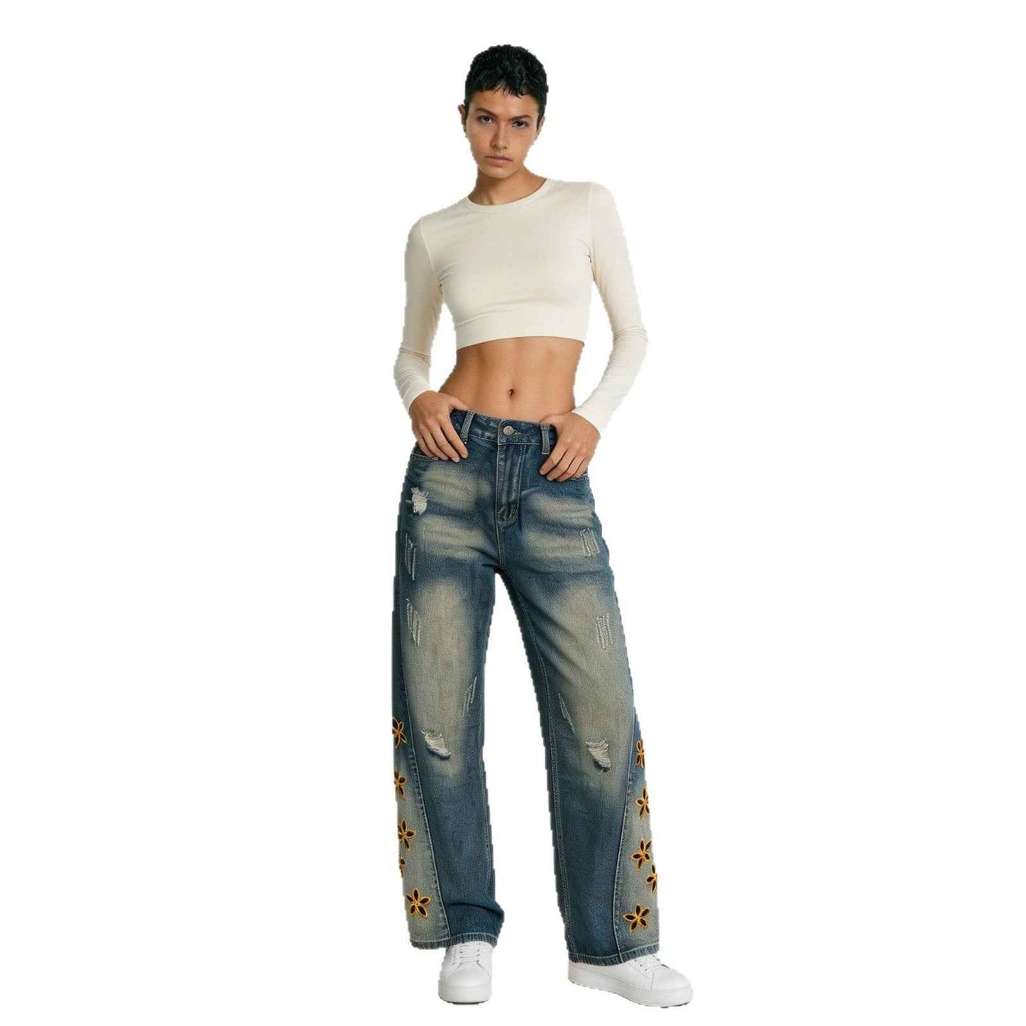 Retro Distressed Womens Denim Jeans