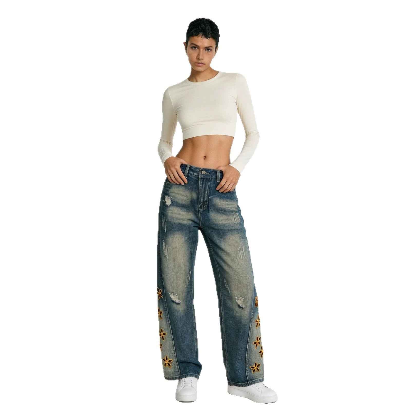 Retro Distressed Womens Denim Jeans