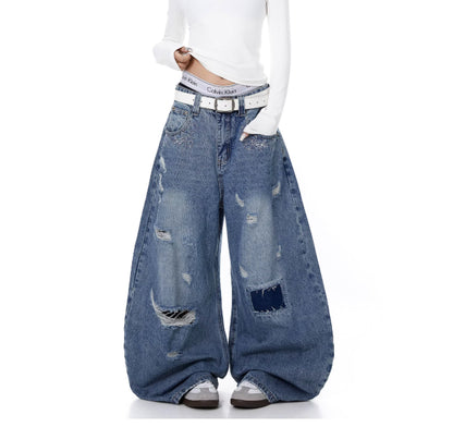 Women's Distressed Patch Washed Curved Blade Jeans Blue M