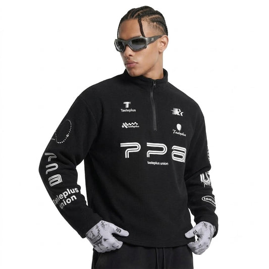Half-High Neck Zipper Casual Printed Waffle Knit Long Sleeve T-Shirt For Men | MuddyStock Originals