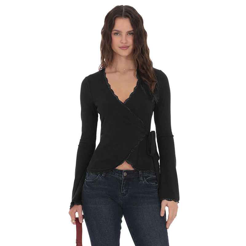 New Deep V-neck Cross-front Tie Lace Trim Top For Women Black MuddyStock