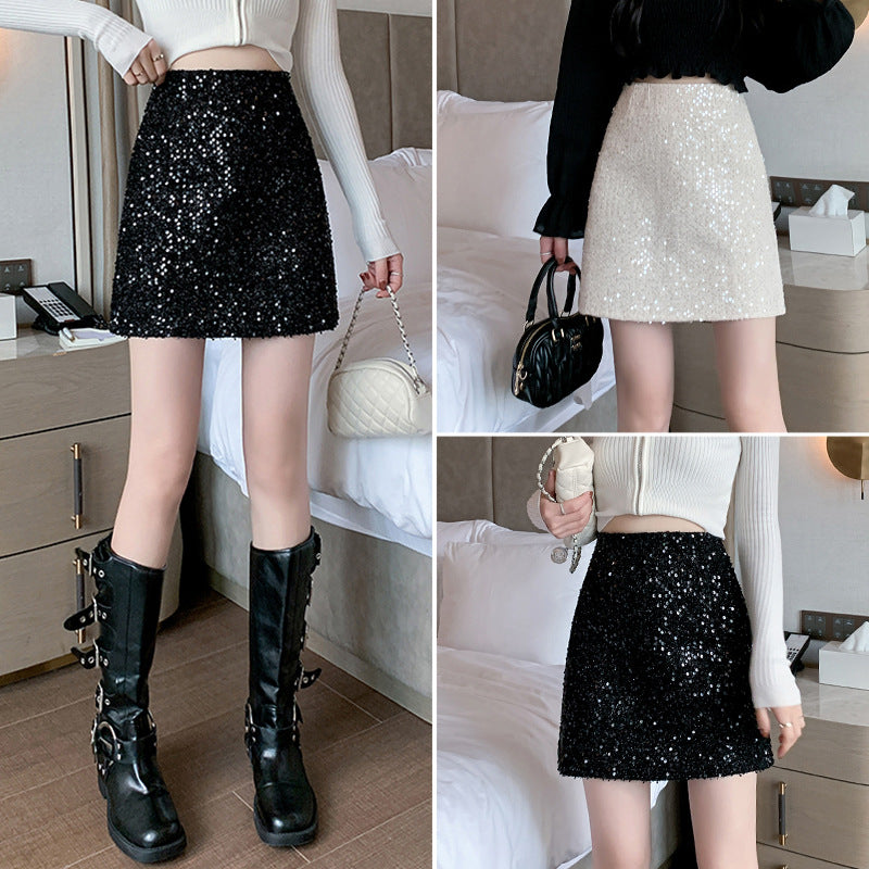 Sequined High Waist Black Sheath A- Line Skirt For Women All Products