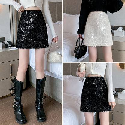 Sequined High Waist Black Sheath A- Line Skirt For Women All Products