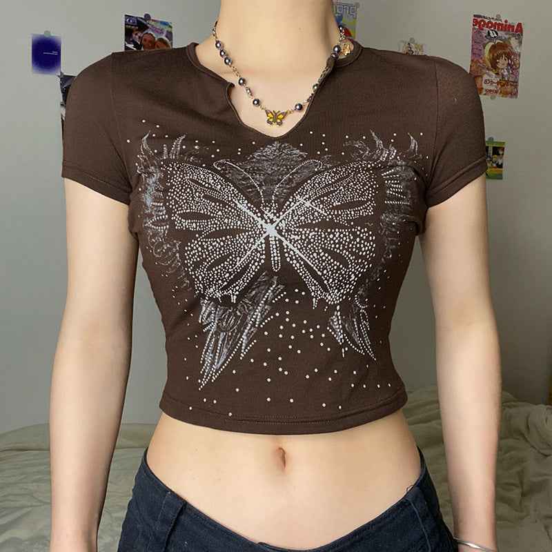 Retro Small U Neck Butterfly Print Brown Short Sleeve T-Shirt For Women MuddyStock