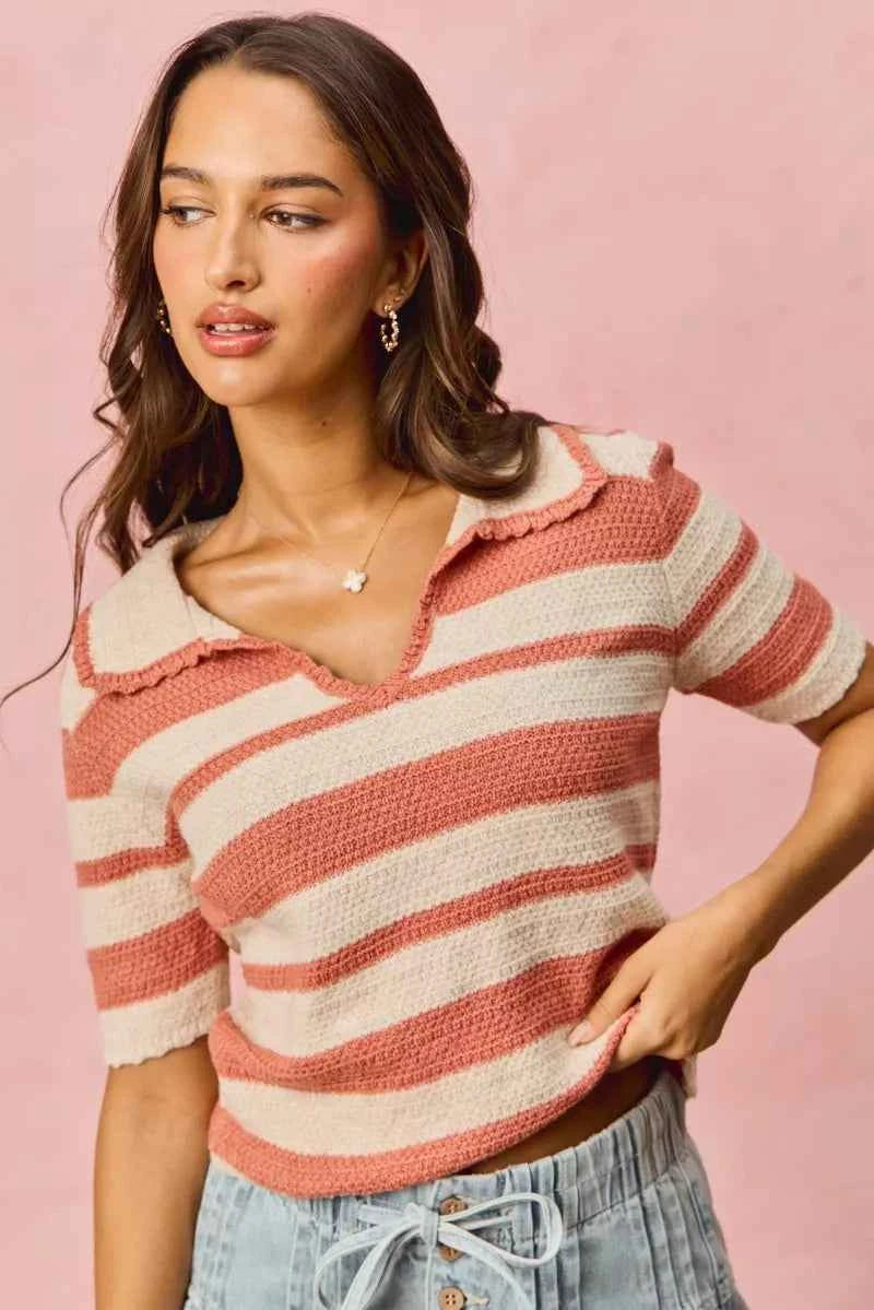 Stripe Short Sleeve Cropped Sweater For Women Trendsi