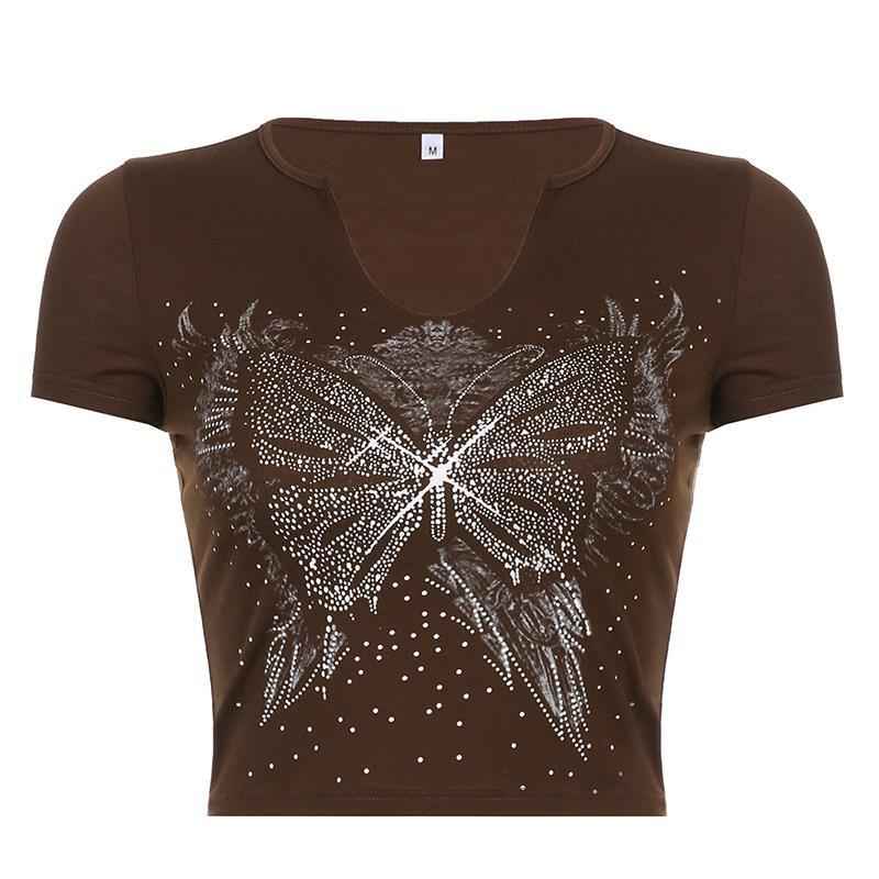 Retro Small U Neck Butterfly Print Brown Short Sleeve T-Shirt For Women MuddyStock