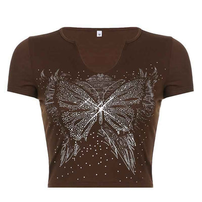 Retro Small U Neck Butterfly Print Brown Short Sleeve T-Shirt For Women MuddyStock