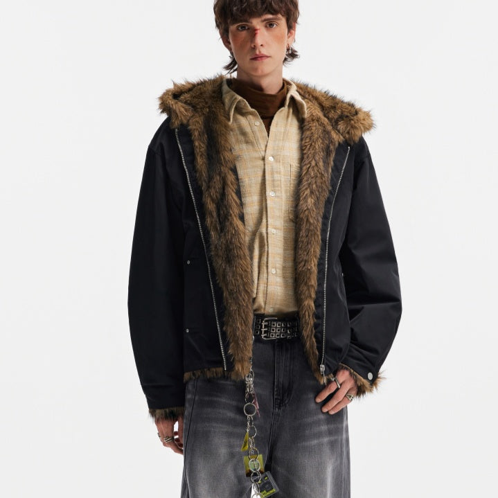 Fur-collar Cotton Jacket For Men Black