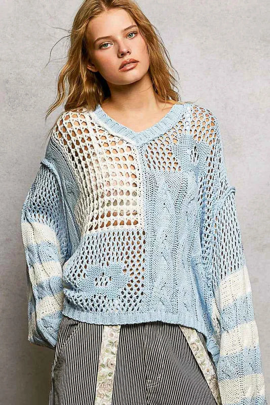 Stripe Pattern Knit Top with Twisted Weave For Women SKY BLUE Trendsi
