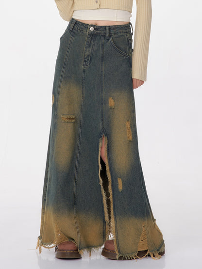 High Waist Mid-length Make Old Ripped Split Denim Skirt For Women All Products