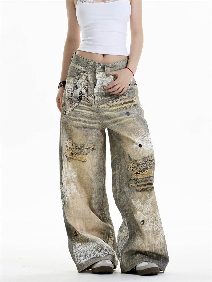 Cross Printed Jeans Women's Wide-leg Pants Old Color MuddyStock
