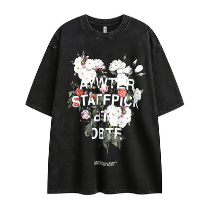 Fashion Flower Letter Print Short-sleeve For Men And Women Black MuddyStock