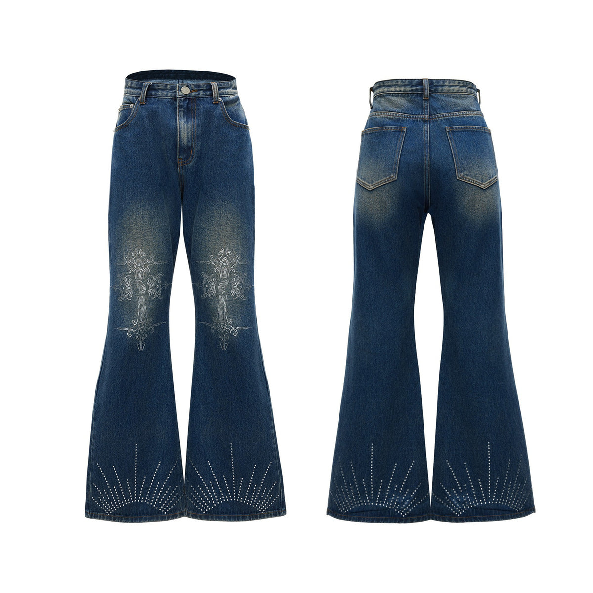 Water-washed Rhinestone Jeans With A Slight Flare For Men Blue All Products