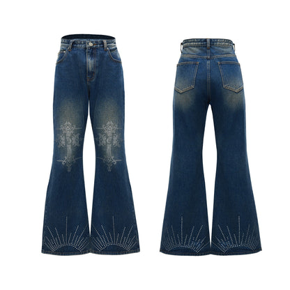 Water-washed Rhinestone Jeans With A Slight Flare For Men Blue All Products