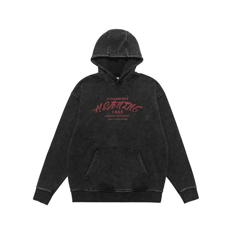 American Street Letter Printed Washed Distressed Hoodie For Men Washing Black MuddyStock