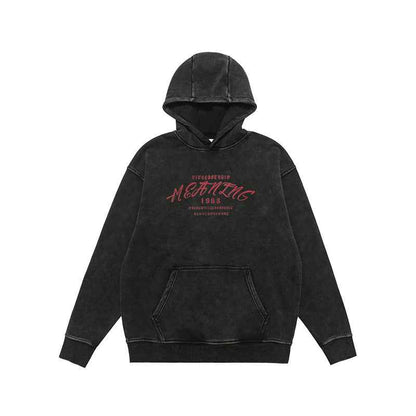 American Street Letter Printed Washed Distressed Hoodie For Men Washing Black MuddyStock