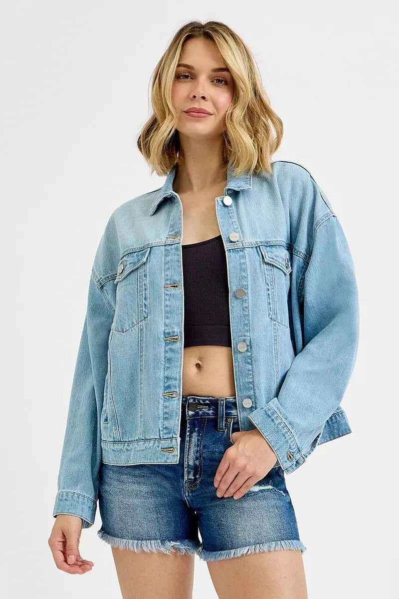 RISEN Washed Dropped Shoulder Denim Jacket For Women LIGHT Trendsi