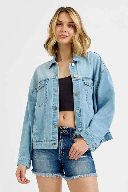 RISEN Washed Dropped Shoulder Denim Jacket For Women LIGHT Trendsi