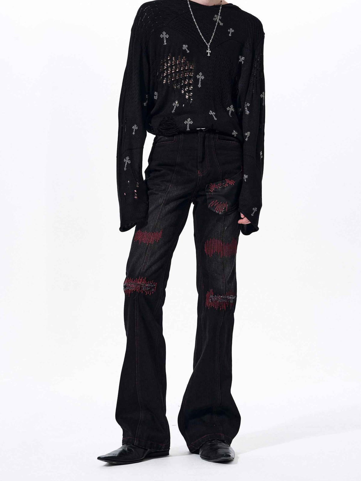 Flared Denim Men's Patchwork Straight-leg Pants