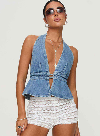 Washed Denim Exposed Back Halter Lace-up Top Medium Blue MuddyStock